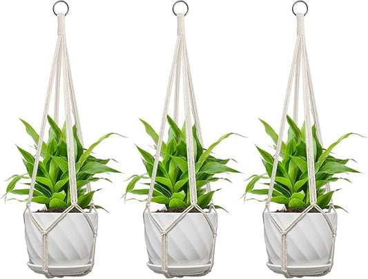3 Pack Macrame Plant Hanger, Fits 4-13 Inch Pots, Boho Hanging Plant Holder for Indoor Outdoor, 35 Inch, White