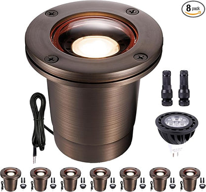 Gardenreet Brass Well Lights Landscape LED In Ground - IP67 12V Outdoor Light, Low Voltage in-Grade Lighting, Antique Bronze for Patio Pathway Tree with 2700K Warm MR16 Bulb (8 Pack)