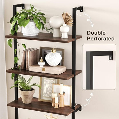 Ladder Bookshelf with Cabinet, 6 Tier Industrial Wall Mount Ladder Bookcase with Farmhouse Cabinet, Tall Narrow Open Ladder Shelf with Metal Frame for Living Room, Bathroom, Home Office, Rustic Brown