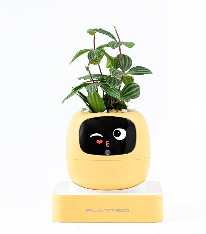 Ivy AI Smart Plant Pot with Emoji Intelligent Planter Robot for Houseplants Tamagotchi Flower Pot Stylish Plantagotchi Home Decor(Lemon)