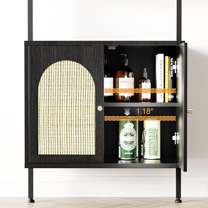 Ladder Bookshelf with Cabinet, 6 Tier Wall Mount Ladder Bookcase with Rattan Cabinet, Tall Open Ladder Shelf with Metal Frame for Living Room, Bathroom, Home Office, Black