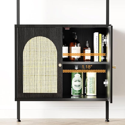 Ladder Bookshelf with Cabinet, 6 Tier Wall Mount Ladder Bookcase with Rattan Cabinet, Tall Open Ladder Shelf with Metal Frame for Living Room, Bathroom, Home Office, Black
