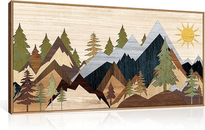 Mountain Pine Tree Framed Canvas Wall Art Set, Nature Wilderness Illustration Wall Decor, Woodcut Forest Wall Painting, Mid Century Modern Art Print for Living Room Bedroom Office 20"x40"