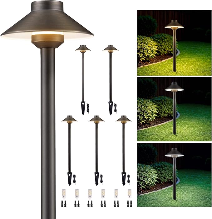 Gardenreet Low Voltage Landscape Lighting Brass, 2700K/3000K/4000K Adjustable 12v Pathway Lights Waterproof, Hard Wired Path Light Outdoor, Bronze for Exterior Area Patio with G4 Bulb (6 Pack)