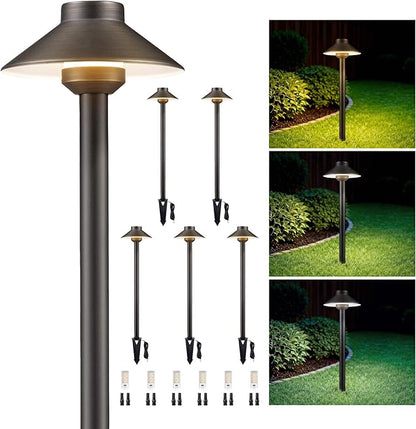 Gardenreet Low Voltage Landscape Lighting Brass, 2700K/3000K/4000K Adjustable 12v Pathway Lights Waterproof, Hard Wired Path Light Outdoor, Bronze for Exterior Area Patio with G4 Bulb (6 Pack)
