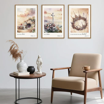 Ausril 3 Pcs Christian Cross Framed Wall Art Set, Jesus Empty Tomb Canvas Decor, Christian Religious Bible Painting, Jesus Crucifixion Risen Easter Print for Living Room, Bedroom, Church 24X36inch