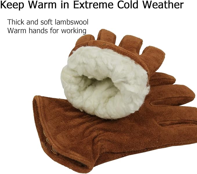 OZERO Men Women Winter Work Gloves Insulated Snow Cold Proof Leather Glove Thick Thermal Imitation Lambswool - Extra Grip Flexible Warm for Working in Cold Weather (Brown,Small)