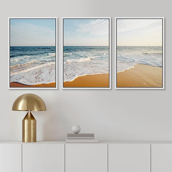 Ashbrook Framed Canvas Print Wall Art Set Tropical Island Coastal Cottage Beach Shore Seascape Nature Wilderness Photography Decorative Nautical Calm/Relax/Cozy for Bedroom - 24"x36"x3 WHITE