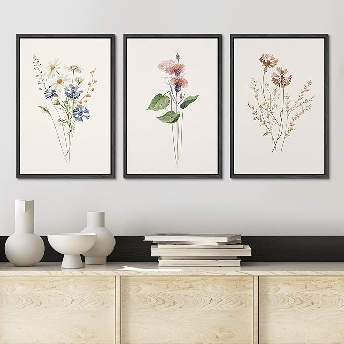 Ashbrook Framed Canvas Print Wall Art Set Pastel Flower Variety Nature Wilderness Illustrations Modern Art Decorative Floral Botanical Minimal Calm/Relax/Cozy for Bedroom - 16"x24"x3 Black