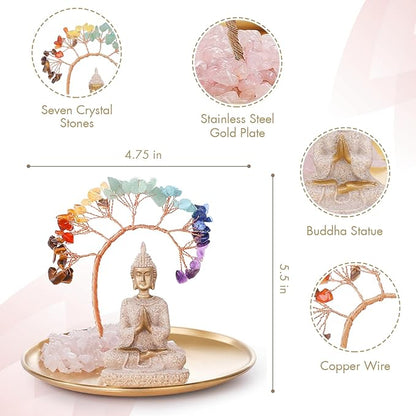 INNOLITES 7 Chakra Crystal Tree and Buddha Statue Set, Yoga Meditation Decor, Money Tree and Buda Statue for Home Living Room Office Shelf Decor Wealth and Luck