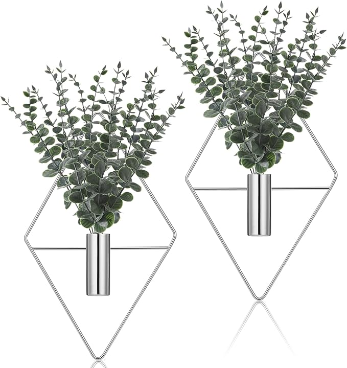 Jexine Hanging Planters with Artificial Eucalyptus Metal Hanging Vase Indoor Plants Holder Modern Geometric Boho Bathroom Wall Decor for Living Room Home Office(Chrome Sliver,4 Pcs)