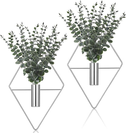 Jexine Hanging Planters with Artificial Eucalyptus Metal Hanging Vase Indoor Plants Holder Modern Geometric Boho Bathroom Wall Decor for Living Room Home Office(Chrome Sliver,4 Pcs)