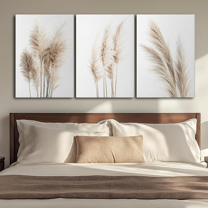 Wivsev Pampas Grass Canvas Wall Art,Beige Botanical Wall Art,Nature Botanical Pictures Prints,Minimalist Wall Decor for Living Room,Bedroom,Bathroom Decorations (16" x 24" x 3 pcs)