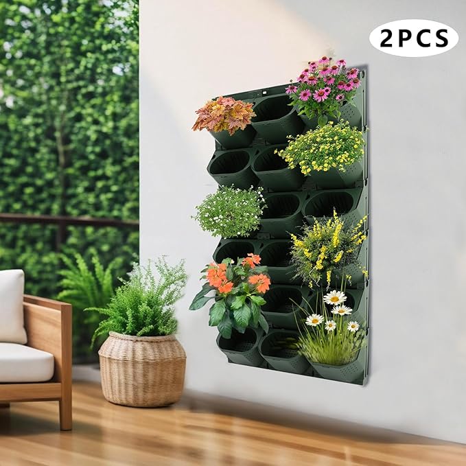 Wall-Mounted Flower Pot Holder for Indoor Outdoor Use on Balcony, Patio, Garden (36-Slot Army Green)