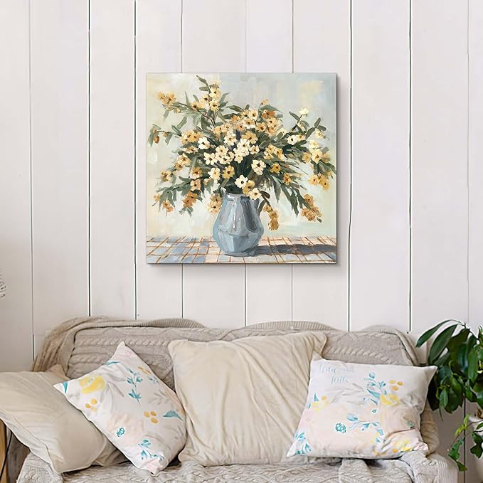 Yellow Flower Canvas Wall Art - Small Floral in Vase Picture Modern Bouquet Print Blossom Artwork for Bathroom Bedroom 12x12 Inch