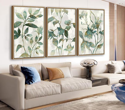 Large Framed Canvas Wall Art - Natural Float Framed Rustic Green Flowers Leaves Pictures Paintings White Grey Artwork Decor for Bedroom Living Room Kitchen Home Office Decoration 96" X 48" Set of 3