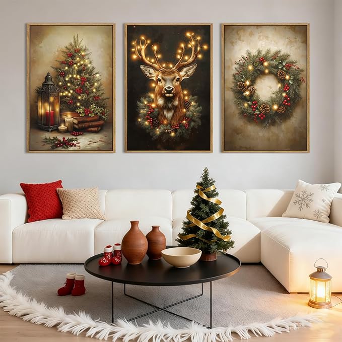 Anyzal Christmas Wall Art Winter Christmas Tree Prints Santa Elk Wall Decor for Living Room Bedroom Dining Room 12x16 Inch