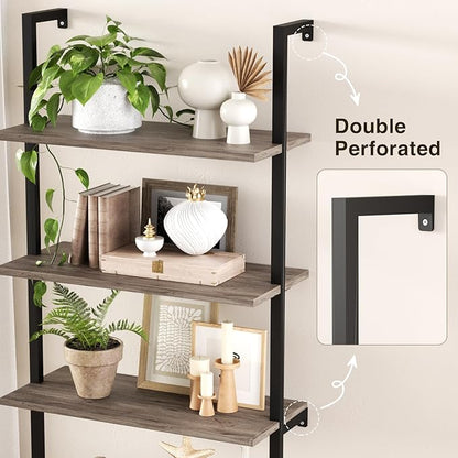 Ladder Bookshelf with Cabinet, 6 Tier Industrial Wall Mount Ladder Bookcase with Farmhouse Cabinet, Tall Narrow Open Ladder Shelf with Metal Frame for Living Room, Bathroom, Home Office, Rustic Grey
