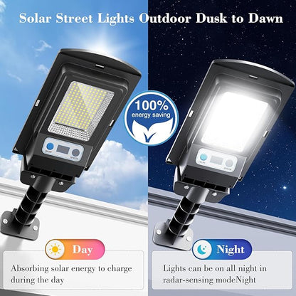 Solar Lights Outdoor, IP66 Waterproof Motion Sensor Powered Solar Street Light, 6500K Dusk to Dawn LED Flood Light with Remote Control, Commercial Area Lighting for Yard Parking Lot (4 Pack)