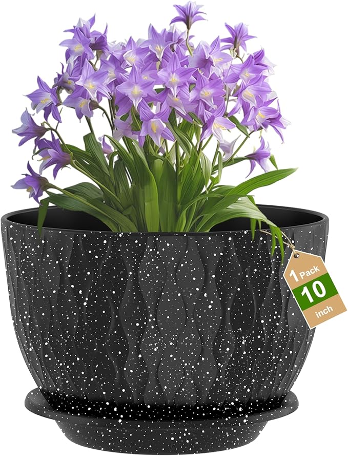 10 inch Large Plant Pots, Flower Pots with Multi-Mesh Drainage Holes and Saucer, Plastic Planters for Indoor and Outdoor Garden Plants (Speckled Black, 10")