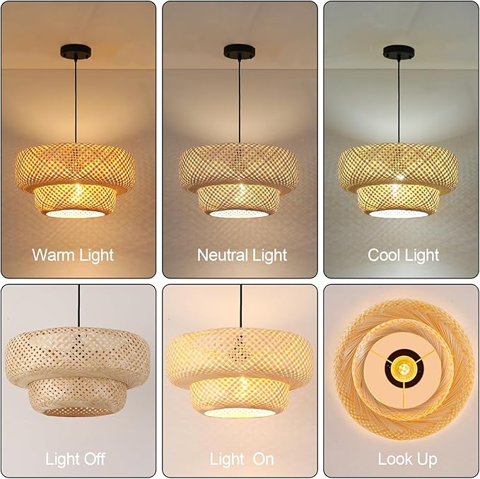 17.8 inch Farmhouse Bamboo Pendant Lighting Handmade Woven Chandelier Beige Bohemian Hanging Light Fixture for Kitchen Island Dining Room Living Room Coffee Restaurant