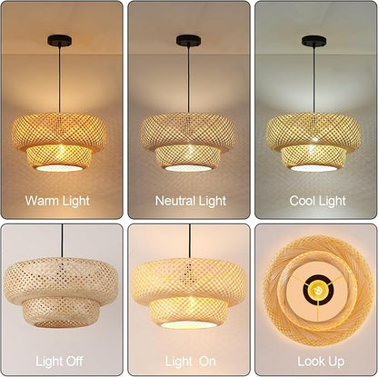 17.8 inch Farmhouse Bamboo Pendant Lighting Handmade Woven Chandelier Beige Bohemian Hanging Light Fixture for Kitchen Island Dining Room Living Room Coffee Restaurant