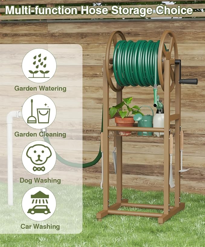 Freestanding Garden Hose Reel holds 125ft Hose of 5/8" with 4 Hooks, 4-Spike Outdoor Hose Holder with 3.9ft Leader Hose & Brass Fitting, Detachable Metal Hose Stand with Storage Rack, Brown