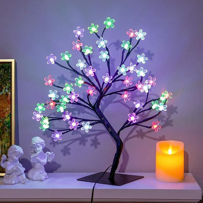 2pcs 48 LED Artificial Lighted Cherry Blossom Tree - Cherry Blossom Bonsai Tree 16 Color-Changing Metal Base Night Lights for Christmas Wedding Party