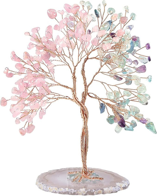 mookaitedecor Handmade Rose Quartz & Fluorite Crystal Tree with Agate Slice Base, Bonsai Money Tree of Life for Wealth and Luck, Feng Shui Home Decor, Colorful