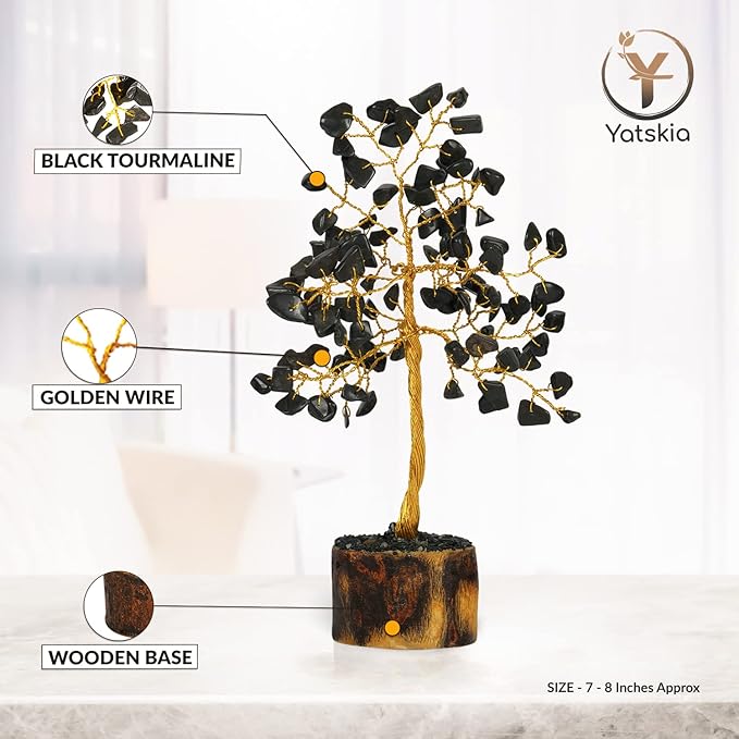 YATSKIA Black Tourmaline Crystals - Gemstone Tree - Black Tourmaline Decor - Artificial Money Tree - Mini Artificial Trees - Tourmaline Gemstones - Spiritual Trees
