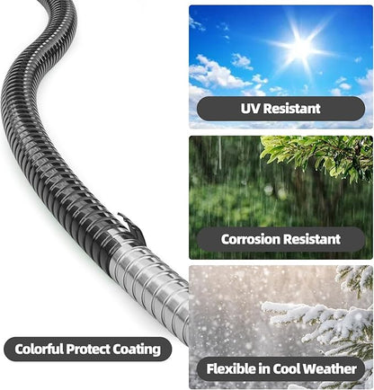 SPECILITE 25ft 304 Stainless Steel Garden Hose Metal, Heavy Duty Water Pipe with Nozzles for Yard, Outdoor - Flexible, Never Kink & Tangle, Puncture Resistant (Black)