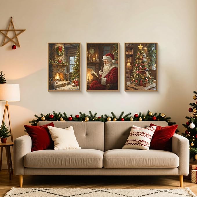 Large Vintage Christmas Framed Canvas Wall Art Set,Santa Reading Book Wall Decor,Retro Xmas Tree Art Prints,Snowy Winter Fireplace Artwork for Living Room,Bedroom,Farmhouse -16"x24"x3