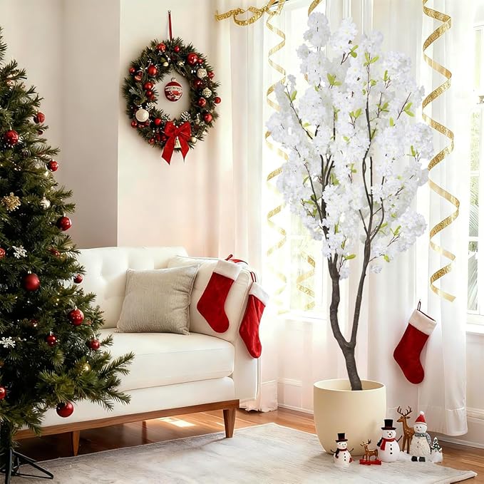 6.56ft White Artificial Cherry Blossom Tree Indoor Decor,Nearly Nature Silk Flower Fake Tree Tall,Realistic Faux Cherry Plant Tree for Christmas New Year Home Decor