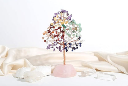 SITUMEIZI 7 Chakra Crystals 7.09IN Healing Stones Natural Rose Quartz Base Copper Wire Tree Life Reiki Gifts for Women Sister Room Office Desk Decor Birthday House Warming Gift