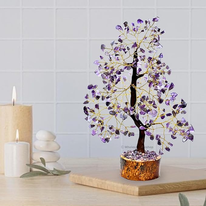 Amethyst Crystal Tree with Golden Wire – Handcrafted Gemstone Bonsai for Positive Energy, Healing & Elegant Home Decor