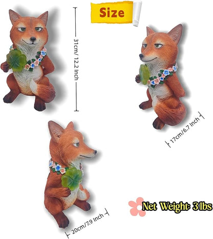 Solar Red Fox Garden Statue 12 Inch, Whimsical Woodland Animal Resin Garden Decor w/ Four-leaf Clover Light, Collectible LED Guardian Fox Outdoor Yard Ornaments for Spring St.Pactrick's Mom Gifts