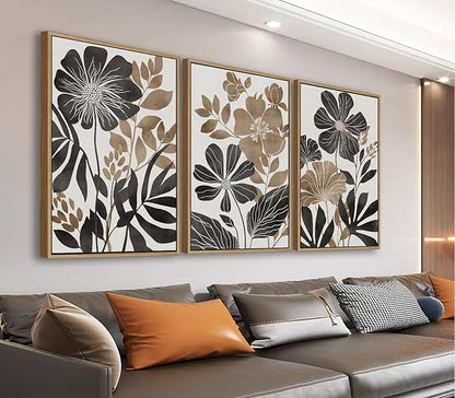 Large Framed Canvas Wall Art - Natural Float Framed Rustic Black Flowers Leaves Pictures Decor Brown Floral Foliage Artwork for Bedroom Living Room Kitchen Home Office Decoration 72" X 36" Set of 3