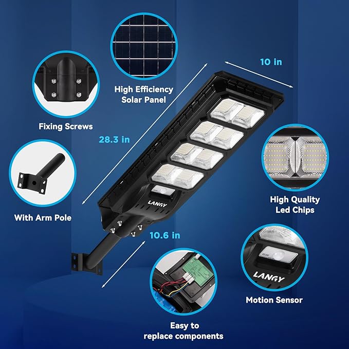 LANGY 2PACK Solar Street Lights Outdoor Lamp 200000 lumens with Remote Control,Dusk to Dawn Motion Sensor,IP65 Waterproof Solar Powered Outdoor Lamp for Parking Lots,Yard,Barn Basketball Court