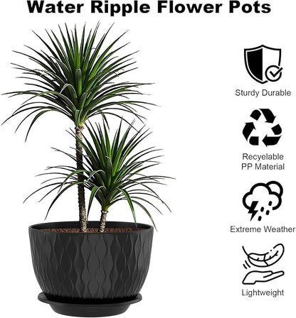 10 inch Large Plant Pots, Flower Pots with Multi-Mesh Drainage Holes and Saucer, Plastic Planters for Indoor and Outdoor Garden Plants (Black, 10")