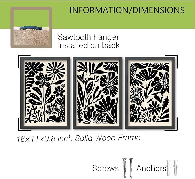 TQianJiang Flower Plant Sign Wall Decor 16"X11" Set of 3 Black And White Botanical Painting Wood Framed for Bedroom Abstract Wildflower Hanging Art (Black)