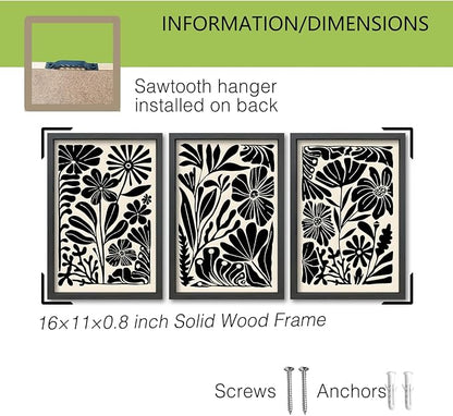TQianJiang Flower Plant Sign Wall Decor 16"X11" Set of 3 Black And White Botanical Painting Wood Framed for Bedroom Abstract Wildflower Hanging Art (Black)