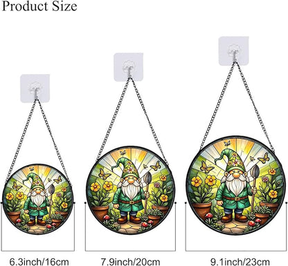 Stained Glass Window Hanging, Gnome in Garden Sun Catcher for Indoor Window Decoration with Flowers & Butterflies, Stained Glass Home Decor Gift for Women and Men G01 (6.3'')