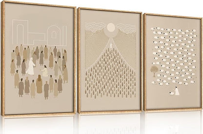 Large Jesus Christian Framed Canvas Wall Art,Boho Lost Sheep Wall Decor,Abstract Sketch Bible Verses Art Prints,Religious Scripture Beige Artwork for Living Room,Dining Room-16"x24"x3