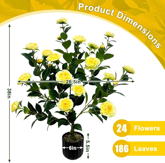 WAYNHUI Tall Artificial 2Pack Yellow Camellia Tree Potted Bushes UV Resistant Potted Plants for Indoor Outdoor Home Garden (2Pack Yellow Camellia Tree), xyc-2