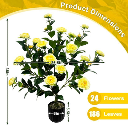 WAYNHUI Tall Artificial 2Pack Yellow Camellia Tree Potted Bushes UV Resistant Potted Plants for Indoor Outdoor Home Garden (2Pack Yellow Camellia Tree), xyc-2