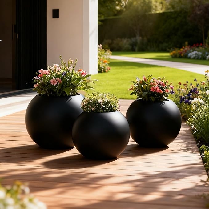 13.78”Dx11”H Lightweight Durable Modern Plastic Sphere Planter with Drainage Hole & Rubber Plug Weather Resistant,Planters for Indoor Plants & Outdoor,Large Plant Pot,(Black, 9" Pot Opening)