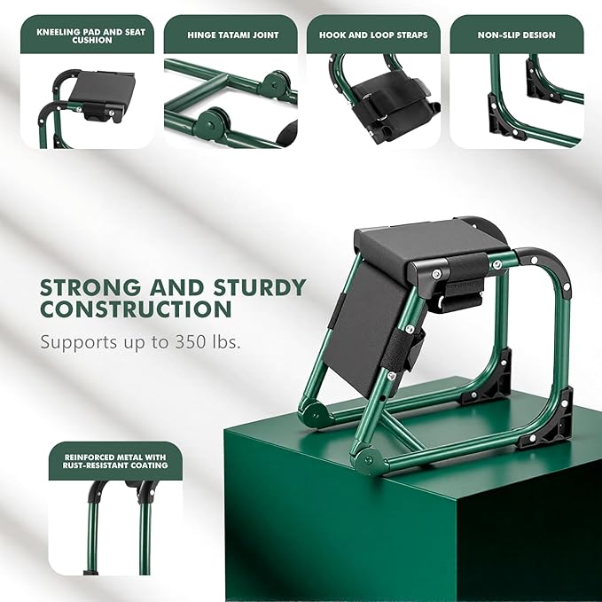 Ergonomic Knee Seat, Foldable 2-in-1 Garden Kneeler and Seat, with Adjustable Kneeling Pad and Soft Seat Cushion, Supports Up to 350 LBS