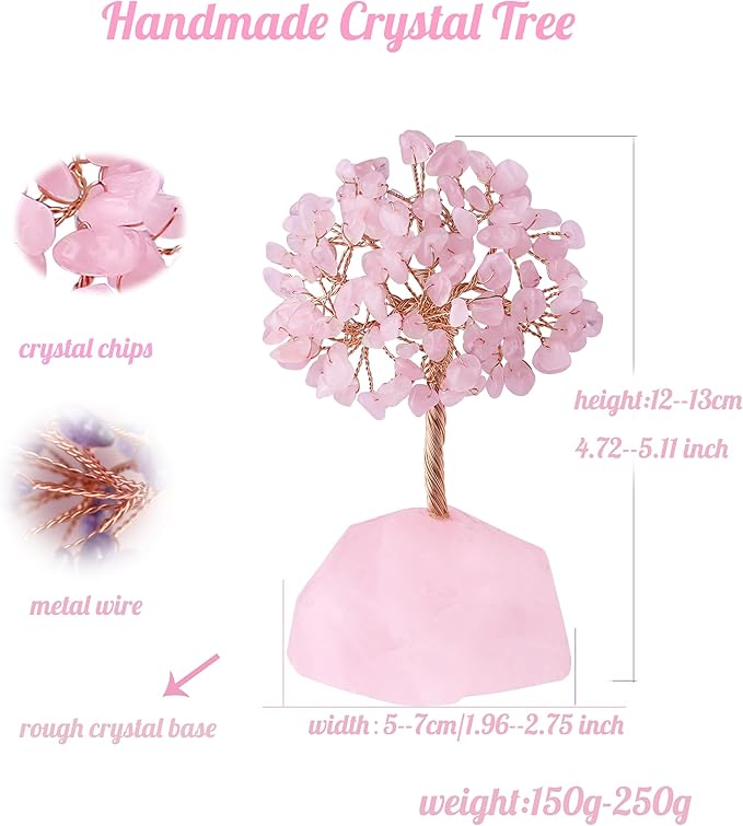 Rose Quartz Healing Crystal Tree Natural Reiki Crystals Gemstone Stone Base Copper Wire Tree Life Money Trees Pink Feng Shui Reiki Energy Tree for Home Office Desk Decor Good Luck Gifts for Women Men