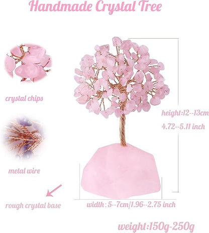 Rose Quartz Healing Crystal Tree Natural Reiki Crystals Gemstone Stone Base Copper Wire Tree Life Money Trees Pink Feng Shui Reiki Energy Tree for Home Office Desk Decor Good Luck Gifts for Women Men