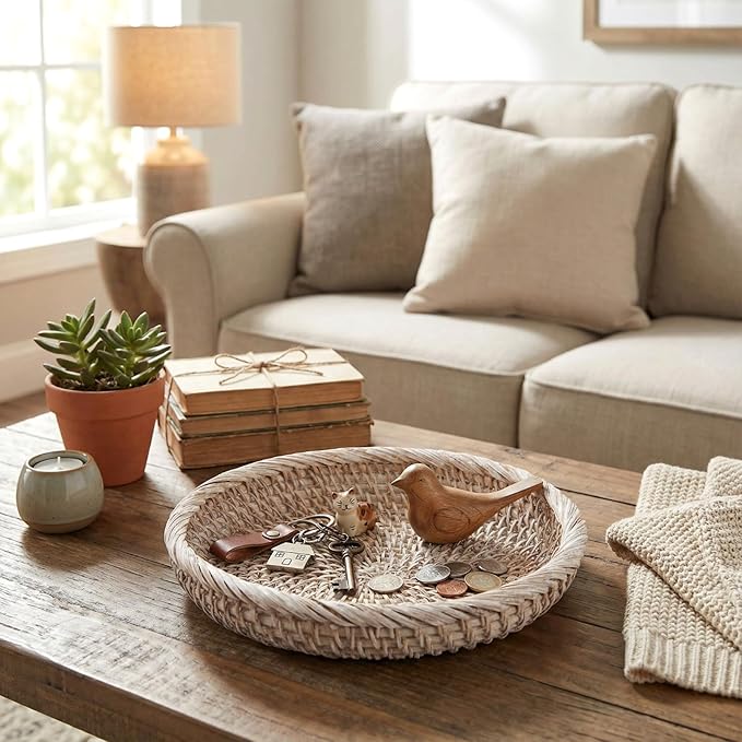 Hushee 3 Pcs Small Round Keys Basket for Entryway Woven Bowl Basket Rattan Wicker Round Tray Organizing for Keys Wallet Cell Phone Tabletop Serving Fruit Food Holder Decorative Table Storage (White)